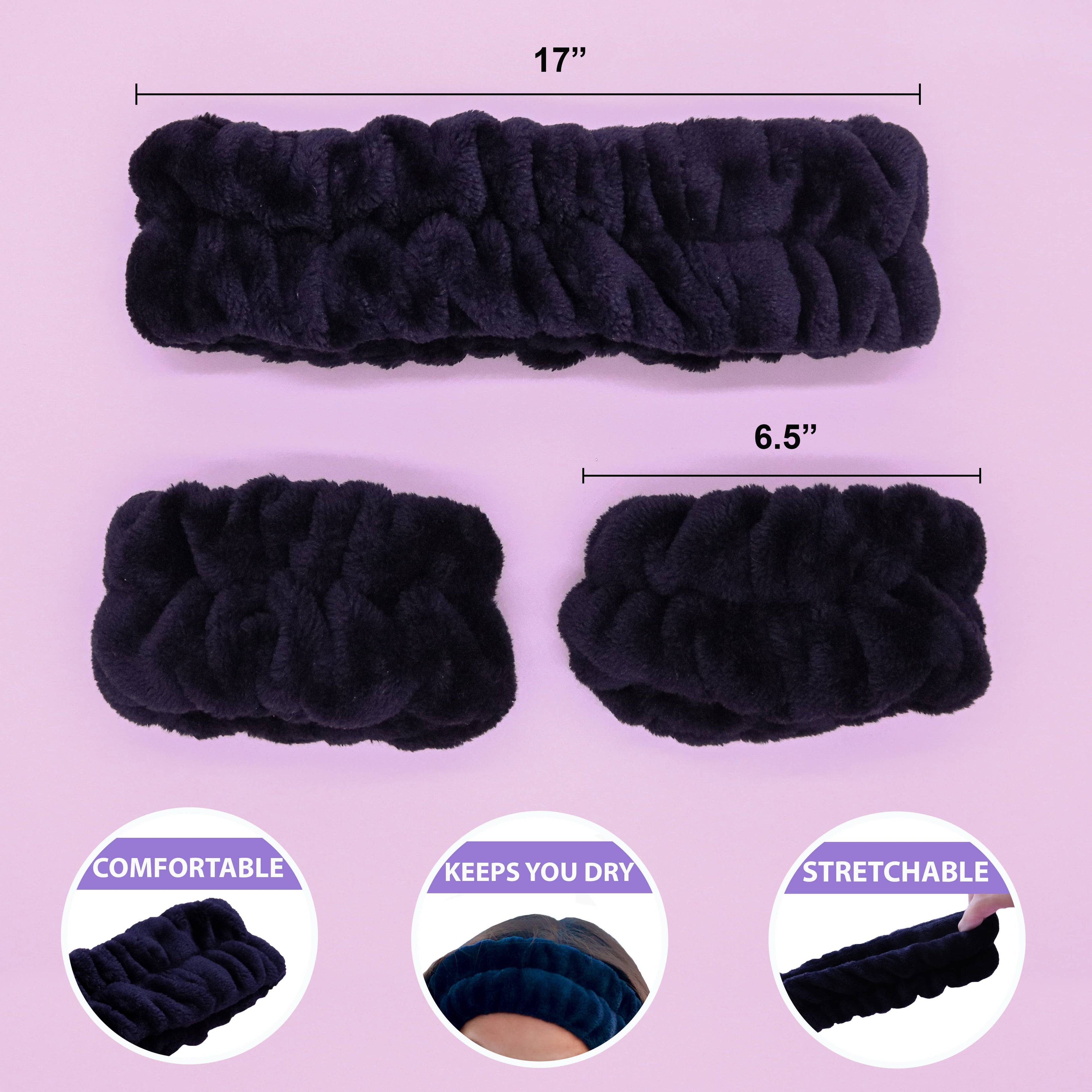 Face Washing Spa Headband and Wristband Set: Black