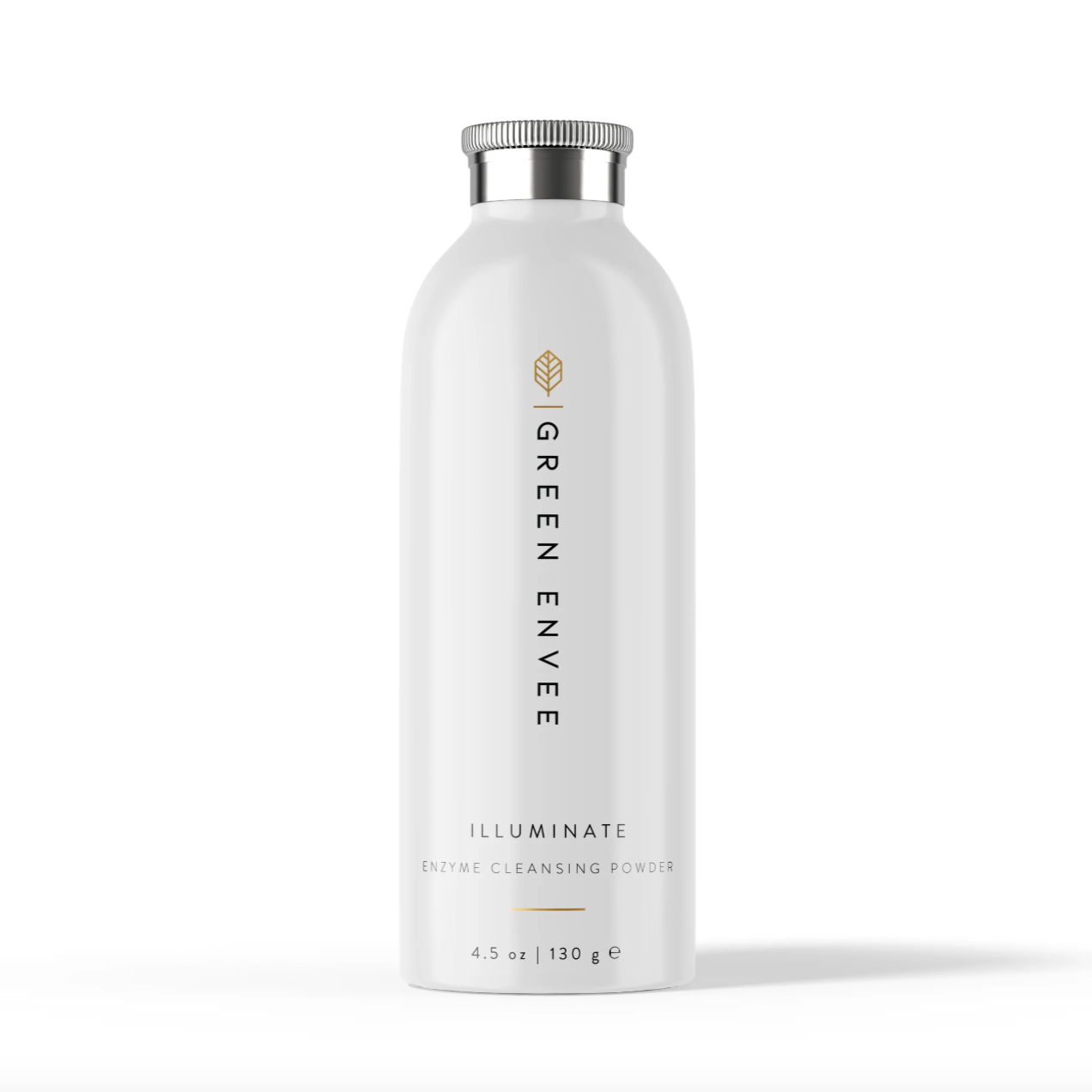 A white bottle with shaker top that says Green Envee Illuminate Enzyme Cleansing Powder on a white background