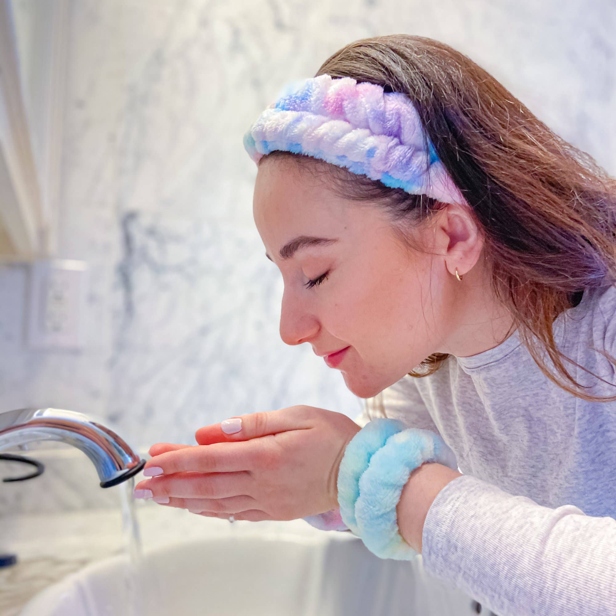 Face Washing Spa Headband and Wristband Set: Cotton Candy Tie Dye