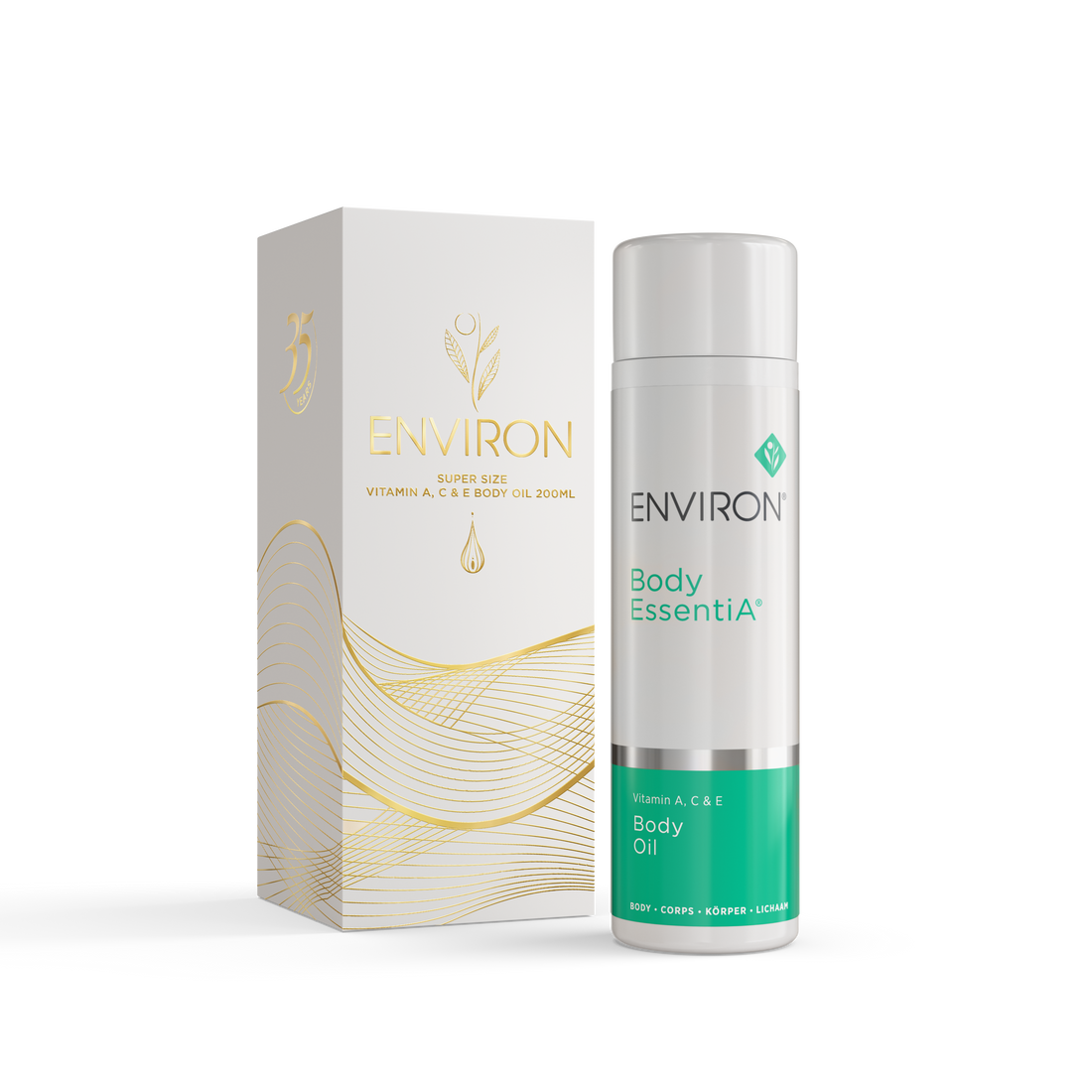 Environ Vitamin A, C and E Body Oil with packaging on a white background.