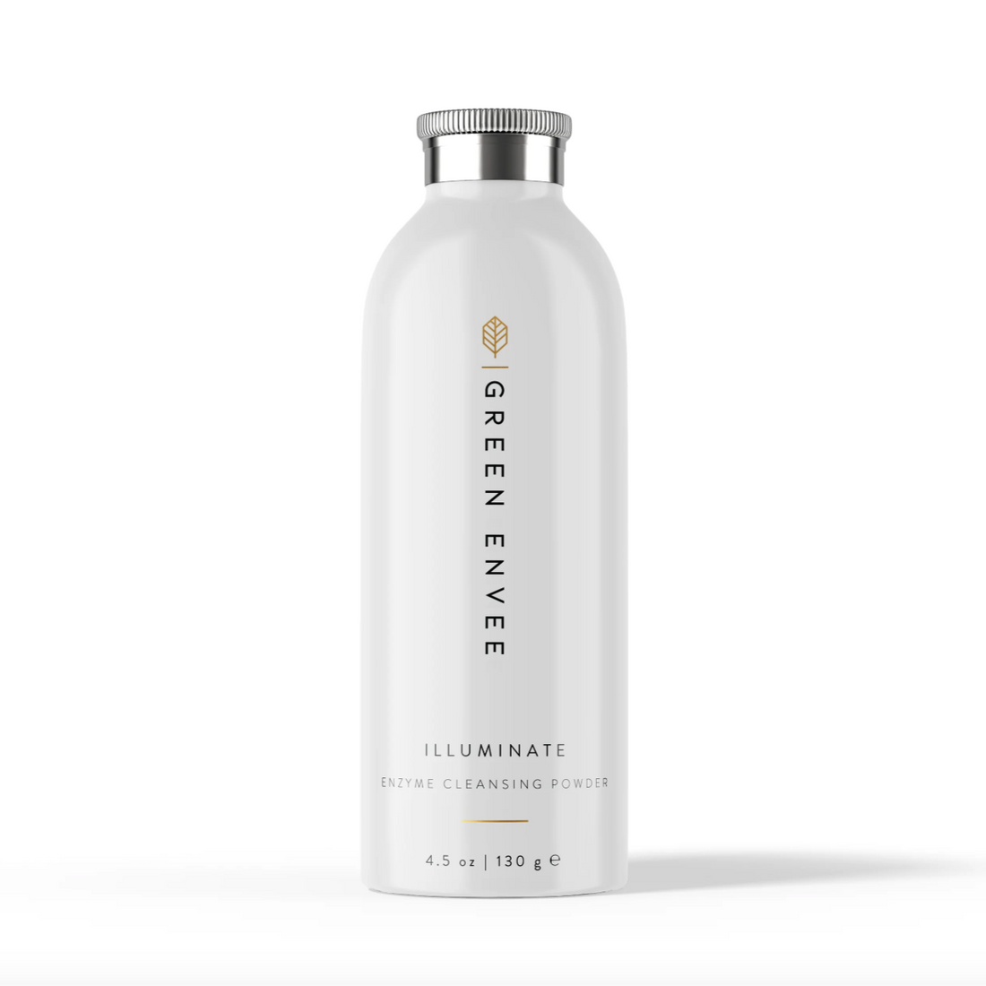 A white bottle with shaker top that says Green Envee Illuminate Enzyme Cleansing Powder on a white background