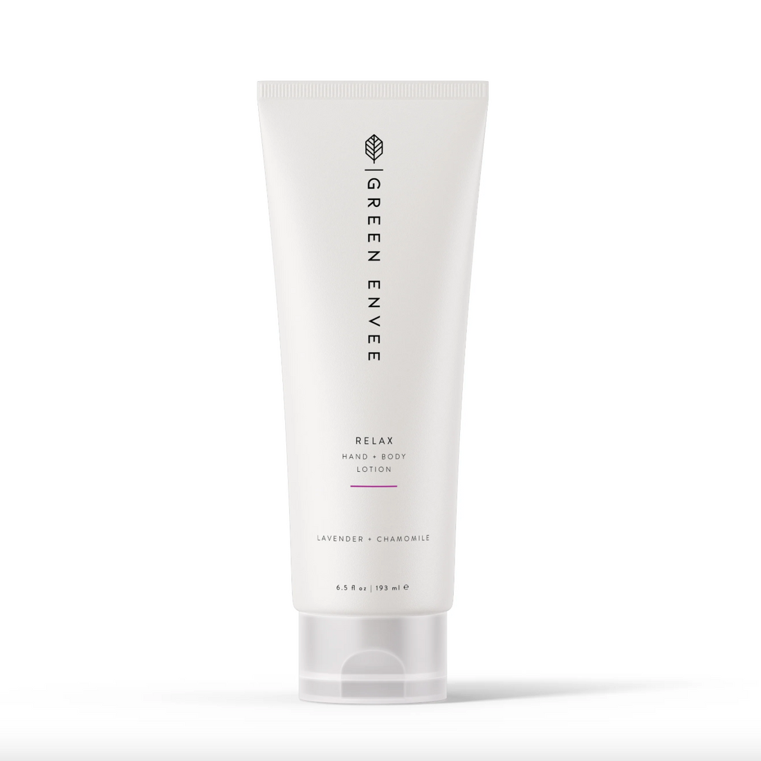 Tube of Green Envee Relax Hand &amp; Body Lotion on a white background