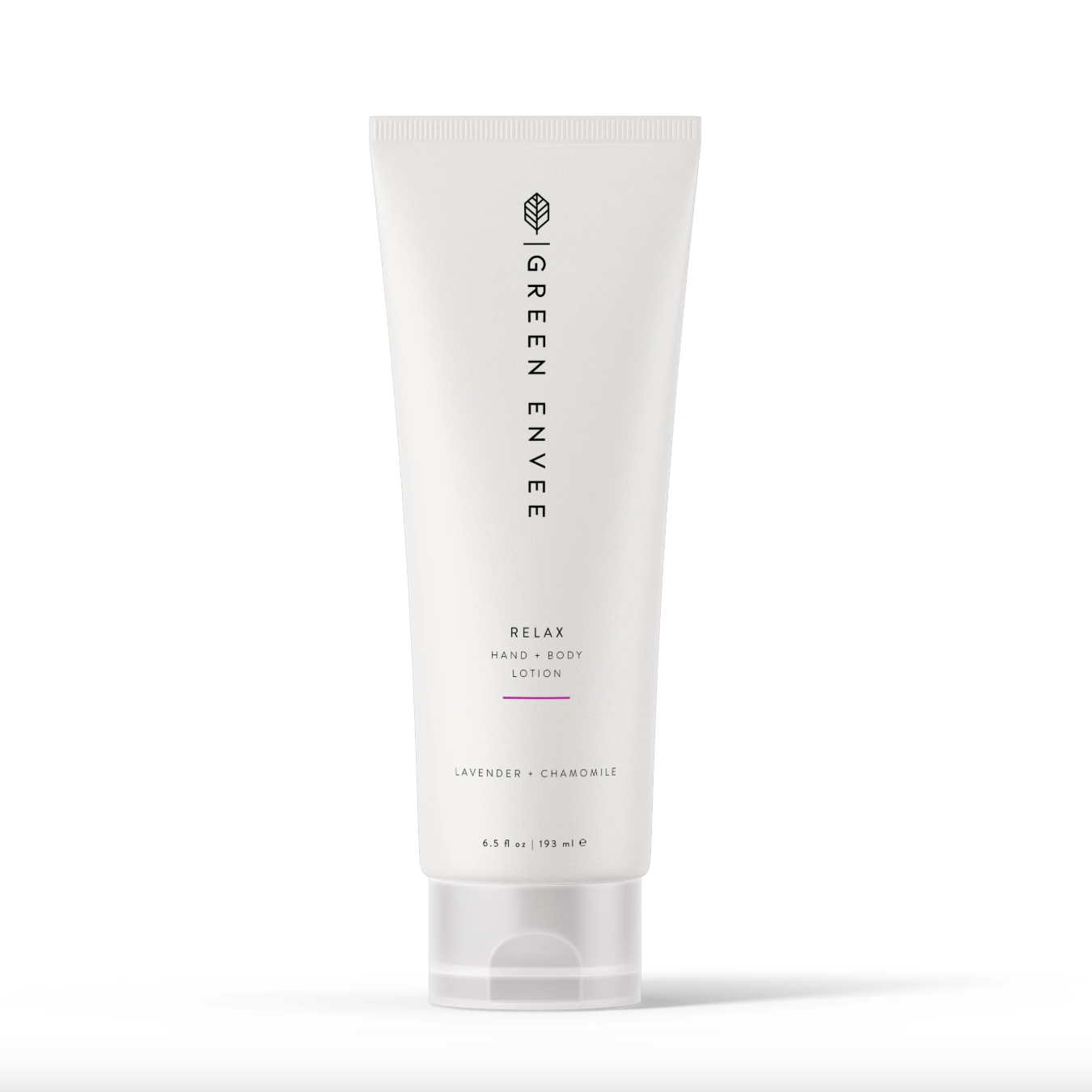 Tube of Green Envee Relax Hand &amp; Body Lotion on a white background