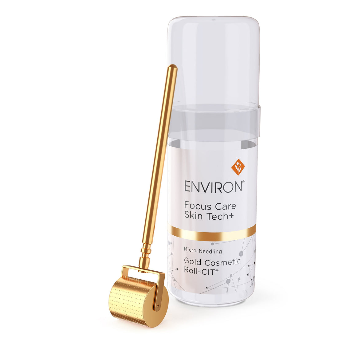 Environ 14ct gold plated skin care roller with ultra-fine needles, alongside its tube packaging.