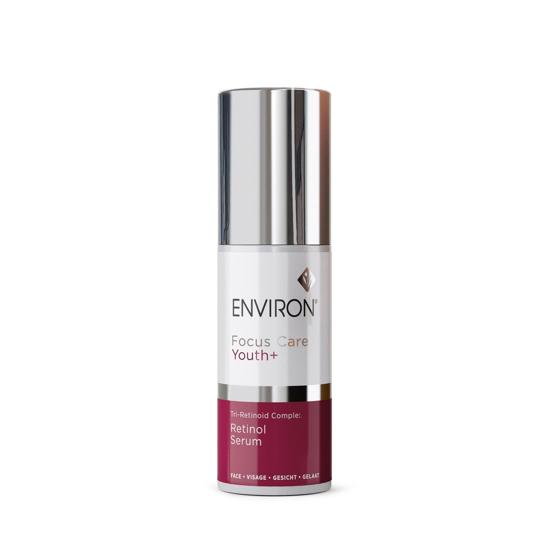 Environ Tri-Retinoid Complex Retinol Serum in a maroon. white and silver airless pump bottle on a white background.
